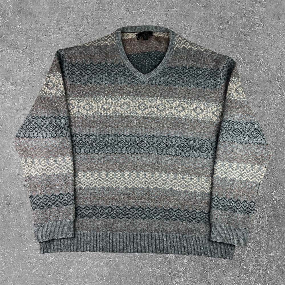 Jos A Bank Reserve Sweater Womens 2X Grey Fair Isle Wool Blend V-Neck Pullover‎